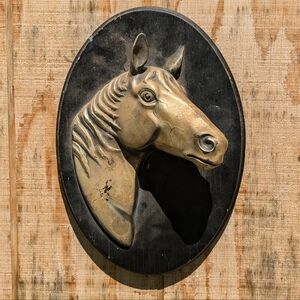 Brass Horse Head Wood Plaque Picture Barn Wall Decor Left In Vintage Condition
